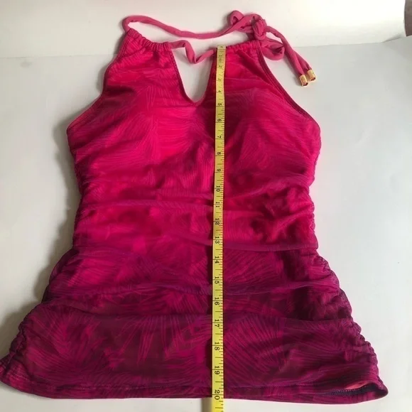 LAUREN Ralph Lauren Ombre Palm High Neck Ruched Halter Slimming Tankini Size 12 - Picture 13 of 16